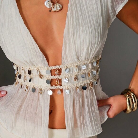 Women's Boho Vacation Lightweight Textured Shell Decor blouse top - Picture 7 of 7